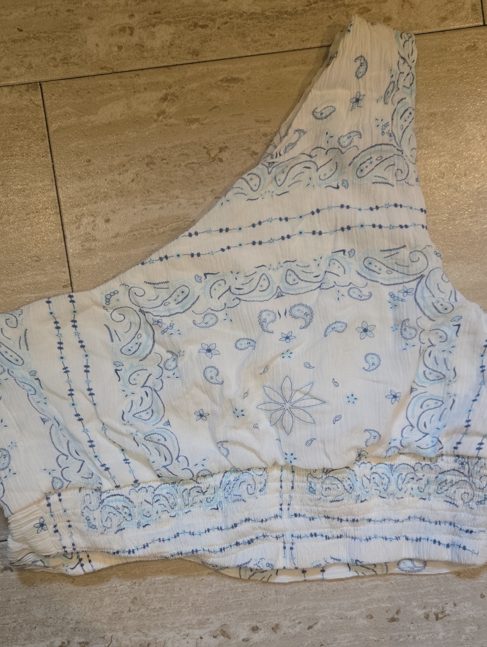 Ocean Drive White/Blue Design Print One Shoulder Side Tie Top - Picture 8 of 9